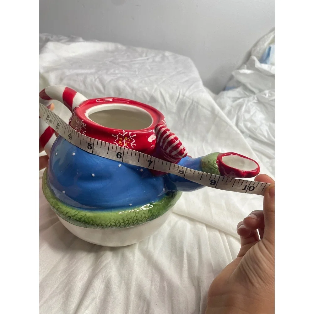 Adorable Snowman Teapot Candy Cane Handle Christmas Holiday Kitchen Decor